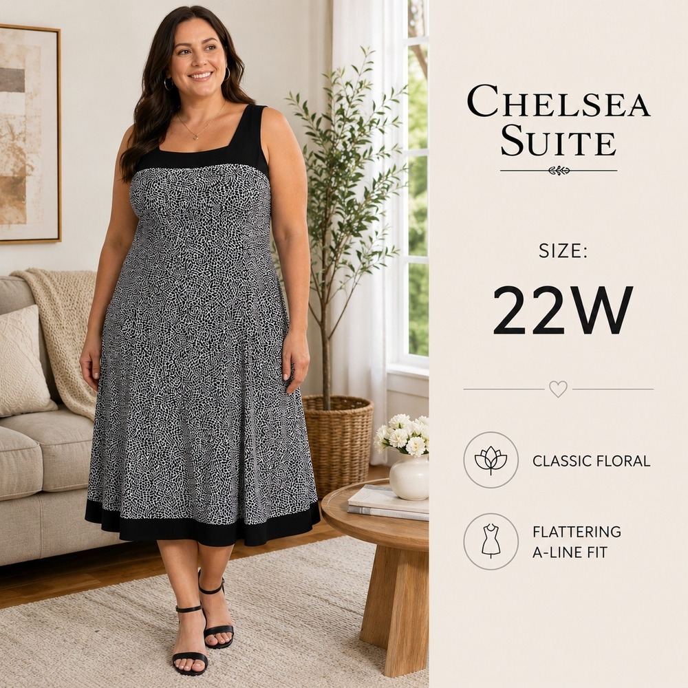 Chelsea Suite Dress Womens 22W Black White Floral A-Line Midi Retro Mod 40510
